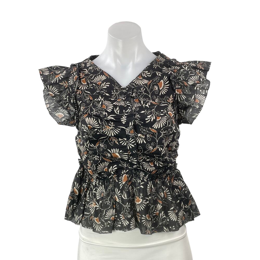 Rails Women's Black Floral Ruffle V Neck Ruched Peplum Crop Blouse Top Size S